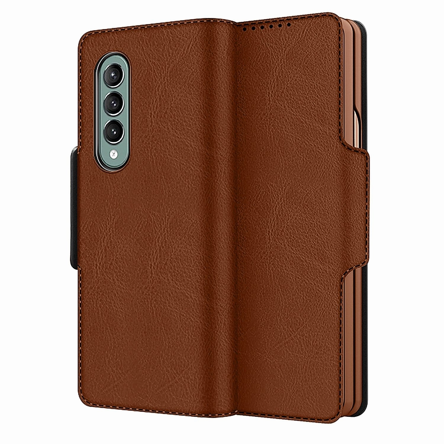 Soft Grip Finish Glossy Texture Layer Brown Leather Folio Wallet Case - Samsung Galaxy Z Fold3 and Fold3 5G