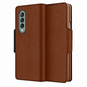 Soft Grip Finish Glossy Texture Layer Brown Leather Folio Wallet Case - Samsung Galaxy Z Fold3 and Fold3 5G