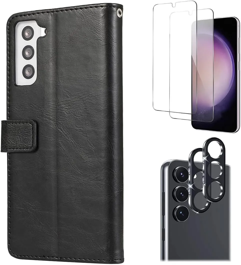 Bundle: Folio Black Leather Wallet Case with Tempered Glass Screen and Camera Protector - Samsung Galaxy S23 Durable Design Texture clean design