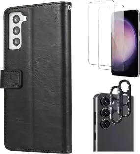 Bundle: Folio Black Leather Wallet Case with Tempered Glass Screen and Camera Protector - Samsung Galaxy S23 Durable Design Texture clean design