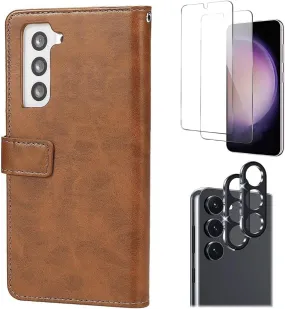 Protective Design Texture High-End Detail Bundle: Folio Brown Leather Wallet Case with Tempered Glass Screen and Camera Protector - Samsung Galaxy S23