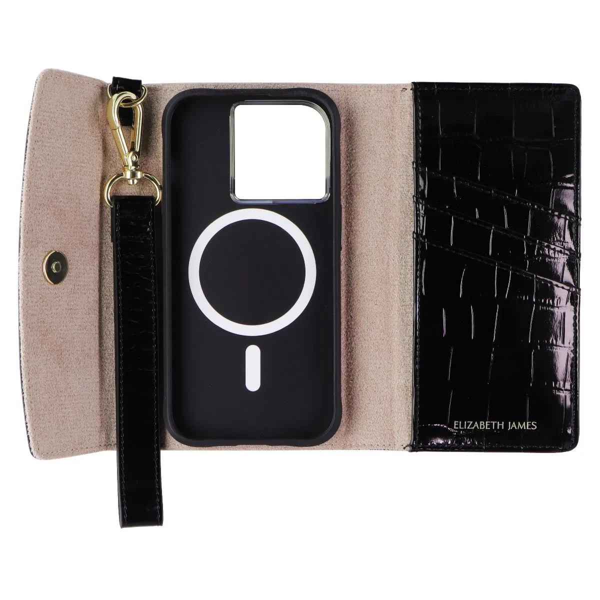 Hybrid Frame Luxury Shine Elizabeth James Wristlet Folio for MagSafe for Apple iPhone 15 Pro - Black Croc