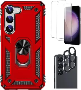 Modern Edge High Durability Bundle: Red Military Kickstand Series with Belt Clip Case with Tempered Glass Screen and Camera Protector - Samsung Galaxy S23