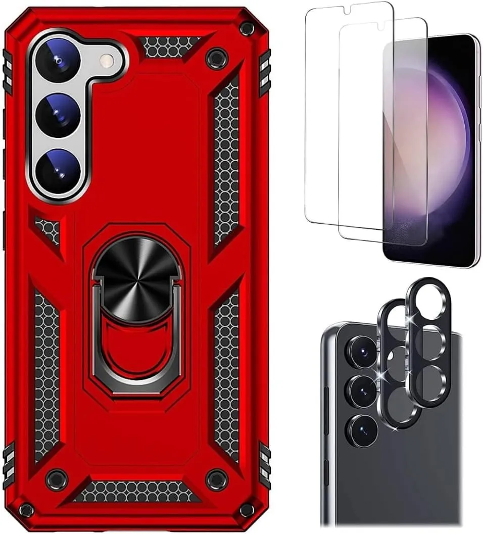 Modern Edge High Durability Bundle: Red Military Kickstand Series with Belt Clip Case with Tempered Glass Screen and Camera Protector - Samsung Galaxy S23