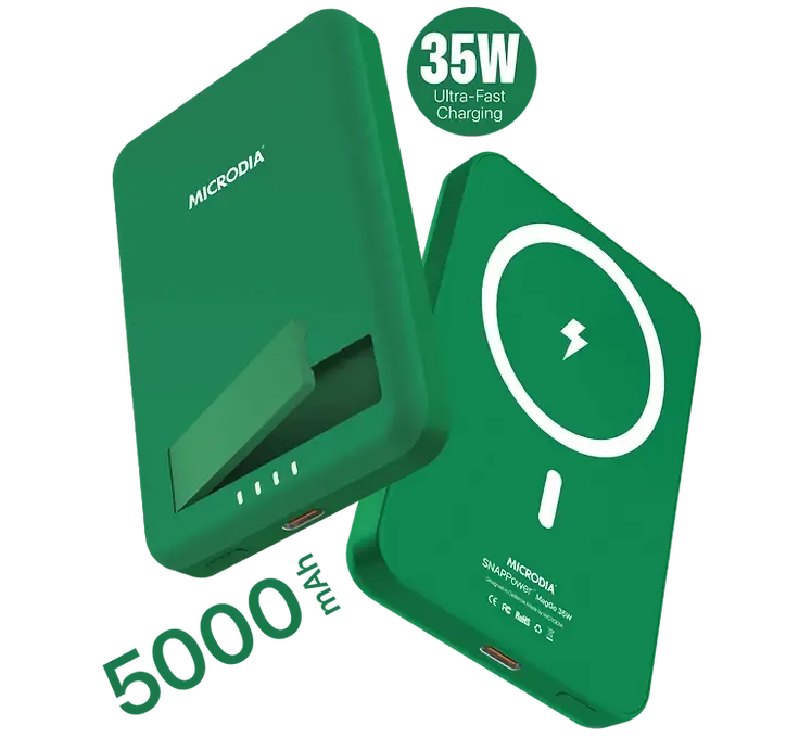 Matte Texture Design Classic Design MICRODIA SNAPPower? MagGo 35W, 5000mAh Magnetic Wireless Power Bank, 15W Wireless Output   20W USB-C PD Output with Kickstand