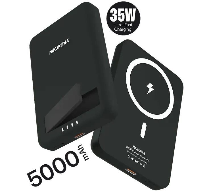 Stylish Detailing MICRODIA SNAPPower? MagGo 35W, 5000mAh Magnetic Wireless Power Bank, 15W Wireless Output   20W USB-C PD Output with Kickstand