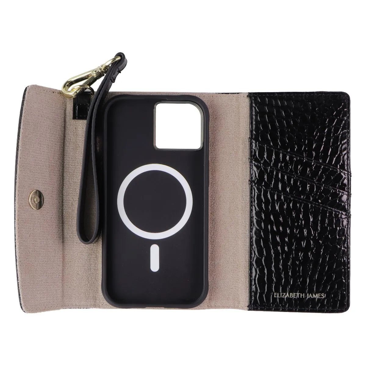 Elizabeth James Wristlet Folio for MagSafe for iPhone 15/14/13 - Black Croc Comfort Design