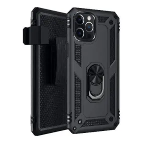 Resistant Layer Trendy Texture Finish Military Series Black Kickstand Case - iPhone 12 Pro Max
