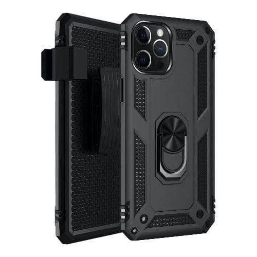 Resistant Layer Trendy Texture Finish Military Series Black Kickstand Case - iPhone 12 Pro Max