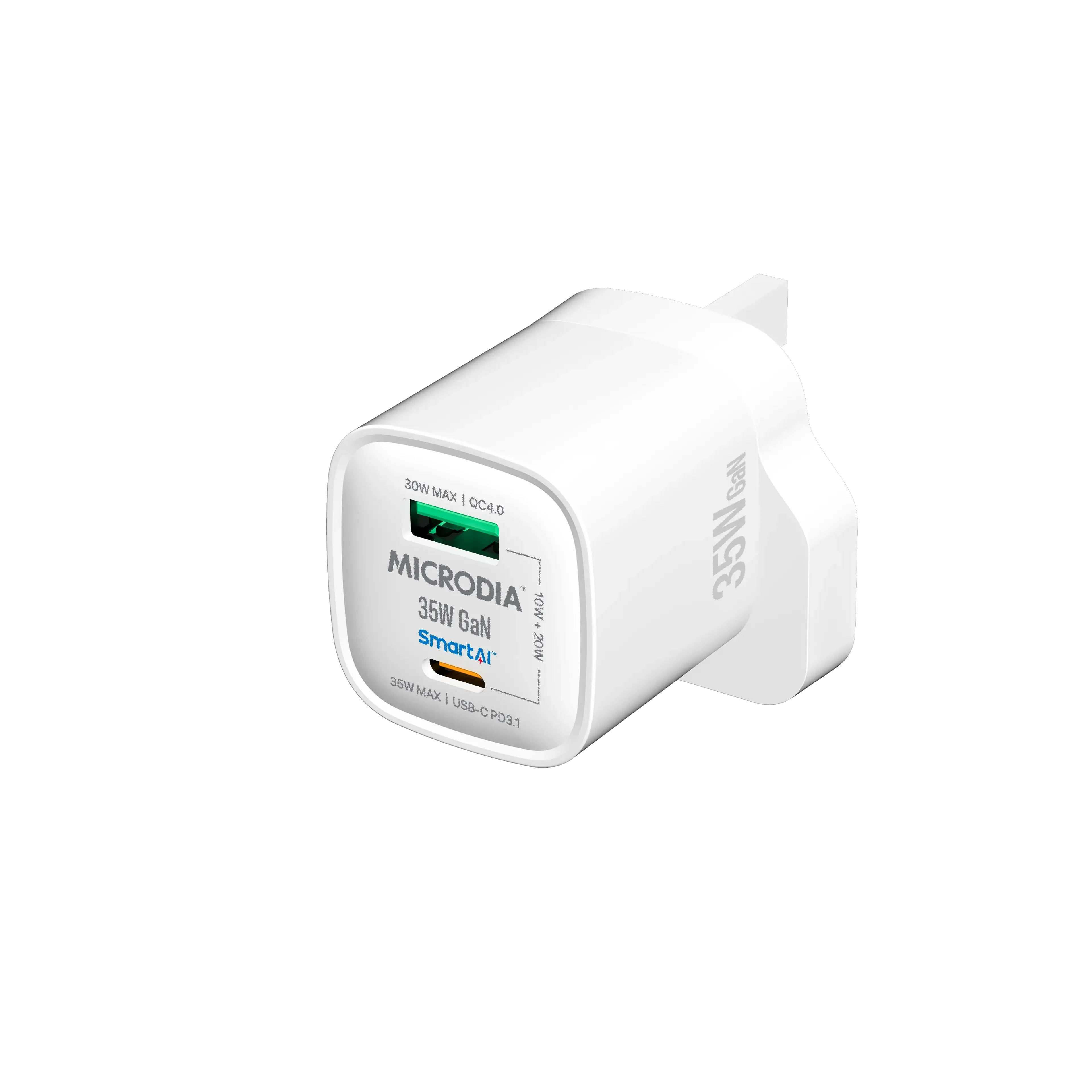 Compact Look Compact Edge MICRODIA SMARTCube? Nano 35W, GaN Wall Charger, USB-C PD3.1   USB-A QC4.0