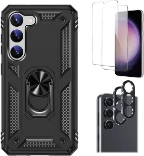 Bundle: Black Military Kickstand Series with Belt Clip Case with Tempered Glass Screen and Camera Protector - Samsung Galaxy S23 Scratch Resistant