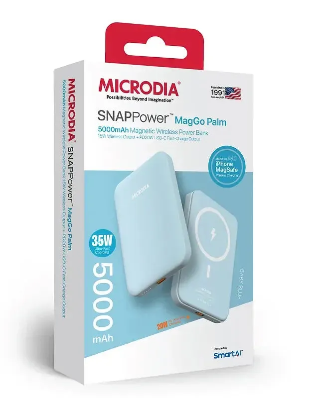MICRODIA SNAPPower? MagGo Palm, 5000mAh / 10000mAh Magnetic Wireless Power Bank with 15W Wireless Output   PD20W USB-C Fast-Charge Output Youth Style Smooth Touch