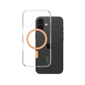 CARE by PanzerGlass? Urban Combat Case Transparent w. Peachy MagSafe iPhone 16 Hybrid Finish Texture Grip Layer