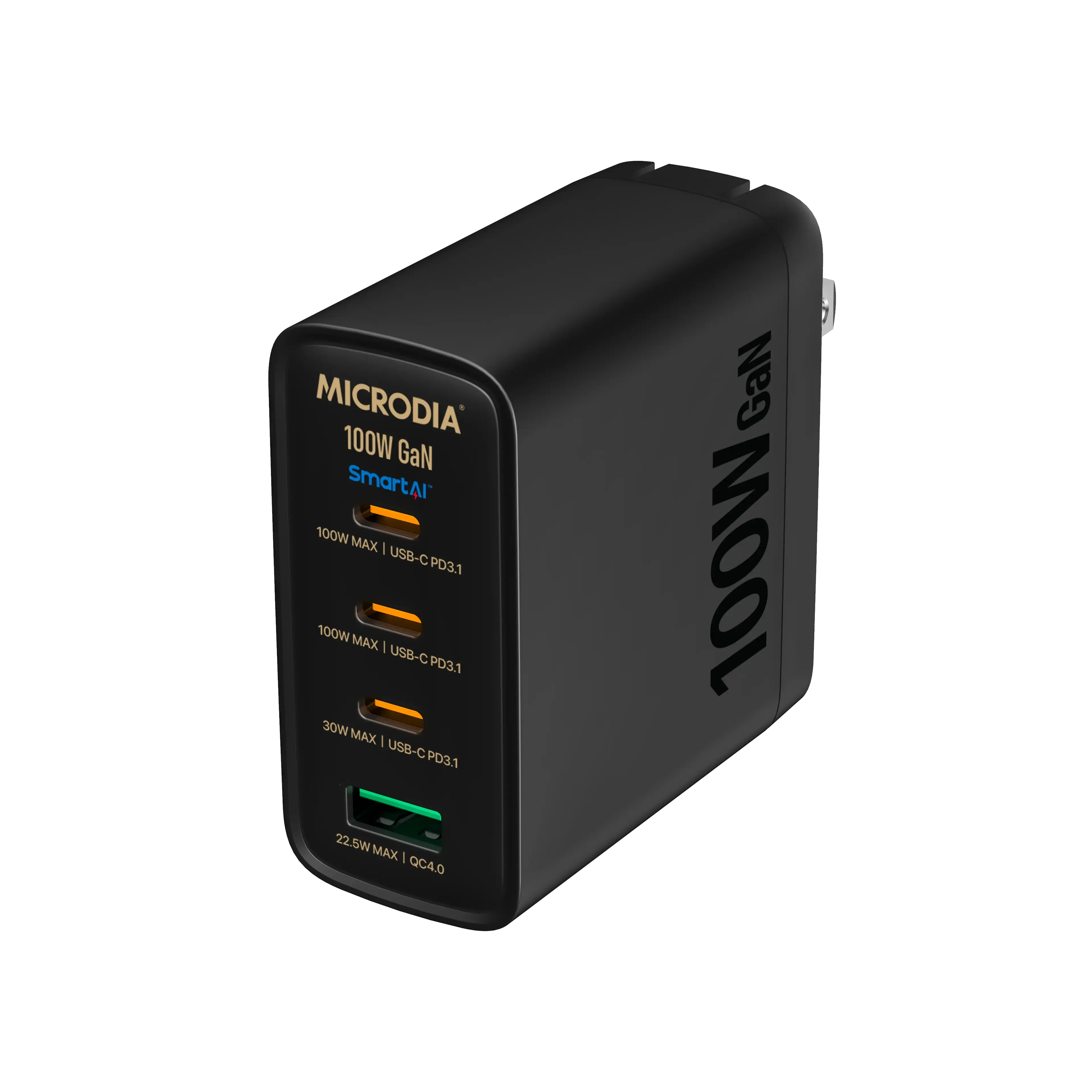 Compact Look MICRODIA SMARTCube? Nano 100W, GaN Wall Charger, 3-Port & USB-C PD3.1   USB-A QC4.0
