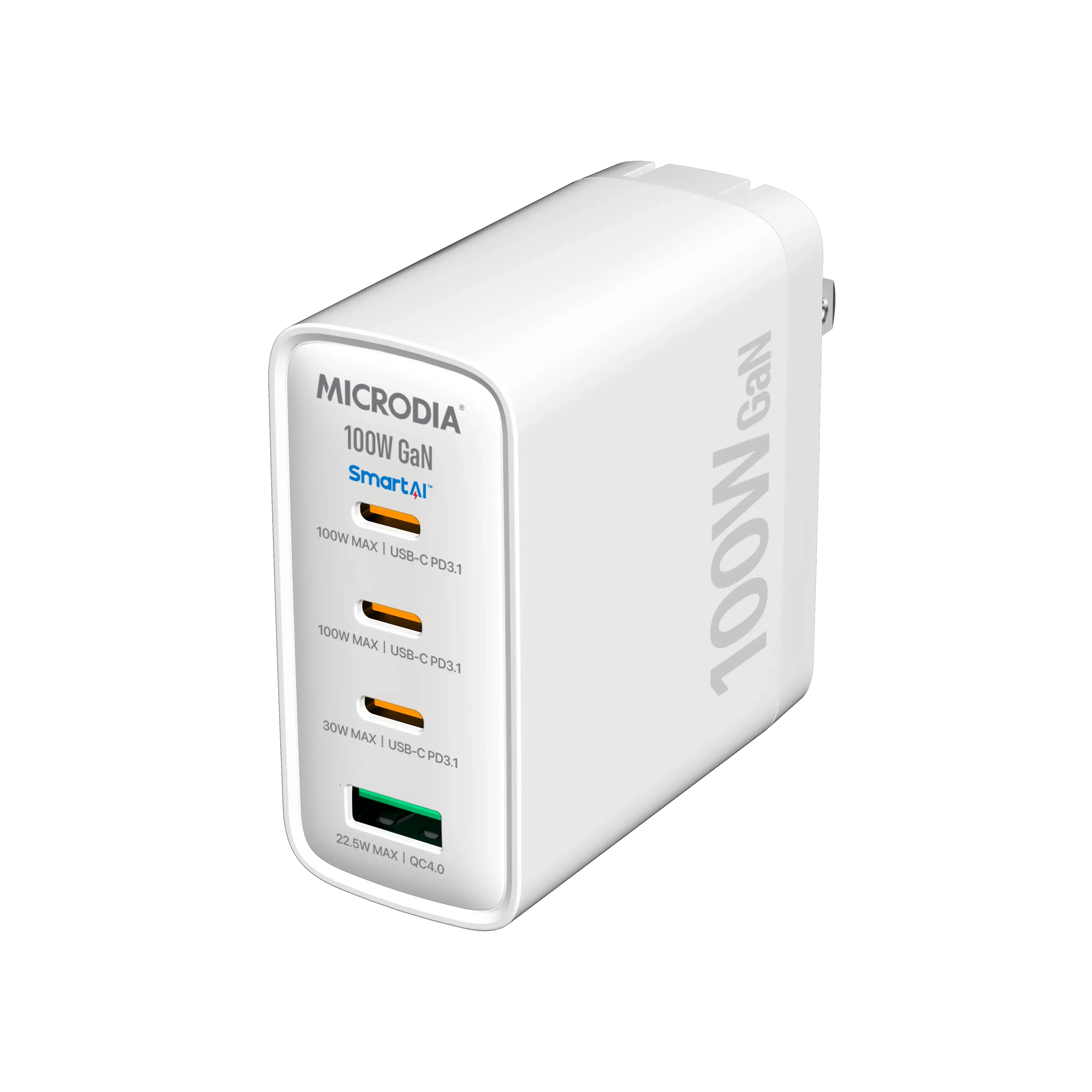 Grip Texture MICRODIA SMARTCube? Nano 100W, GaN Wall Charger, 3-Port & USB-C PD3.1   USB-A QC4.0