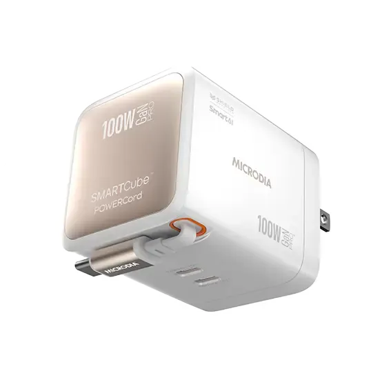 Hybrid Edge Strong Frame MICRODIA SMARTCube? POWERCord 100W,GaN Pro Wall Charger with Built-in USB-C Cable andDual USB-C PD & USB-A Outputs