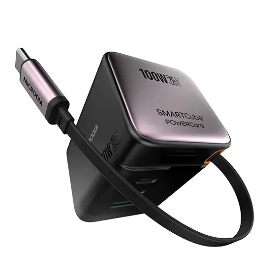 MICRODIA SMARTCube? POWERCord 100W,GaN Pro Wall Charger with Built-in USB-C Cable andDual USB-C PD & USB-A Outputs Modern Function Versatile Design