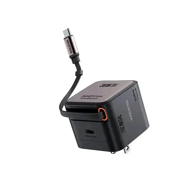 MICRODIA SMARTCube? POWERCord 35W, GaN Pro Wall Charger with Built-in USB-C Cable and USB-C Charging Output Hybrid Pattern