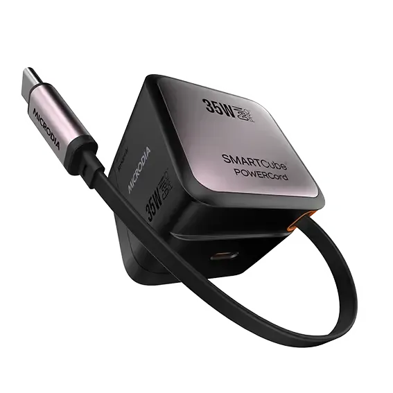 MICRODIA SMARTCube? POWERCord 35W, GaN Pro Wall Charger with Built-in USB-C Cable and USB-C Charging Output Smooth Coating Polished Detail