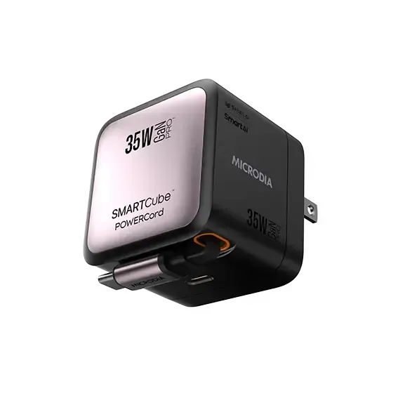 Clear Texture Durable Design MICRODIA SMARTCube? POWERCord 35W, GaN Pro Wall Charger with Built-in USB-C Cable and USB-C Charging Output