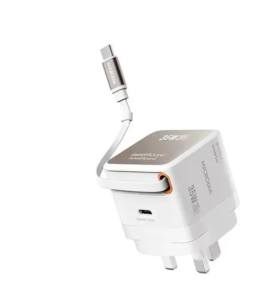 MICRODIA SMARTCube? POWERCord 35W, GaN Pro Wall Charger with Built-in USB-C Cable and USB-C Charging Output Color Gradient