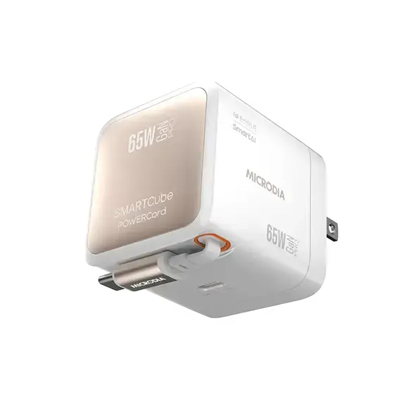 Outdoor Use Luxury Detail Texture MICRODIA SMARTCube? POWERCord 65W, GaN Pro Wall Charger with Built-in USB-C Cable and USB-C Charging Output