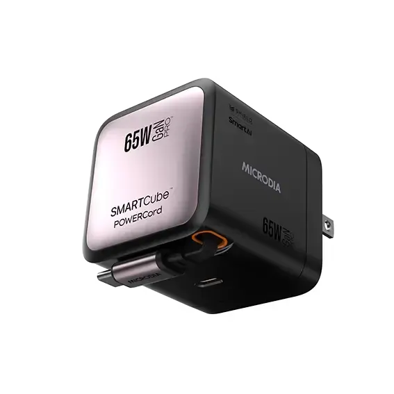 Travel Friendly MICRODIA SMARTCube? POWERCord 65W, GaN Pro Wall Charger with Built-in USB-C Cable and USB-C Charging Output