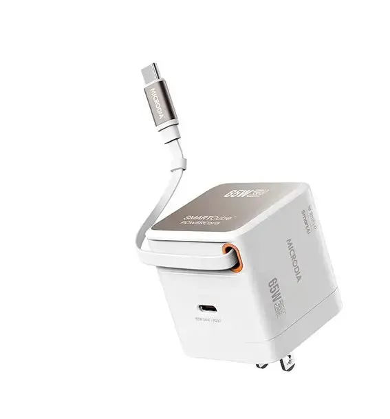 MICRODIA SMARTCube? POWERCord 65W, GaN Pro Wall Charger with Built-in USB-C Cable and USB-C Charging Output Protective Touch Tactile Buttons