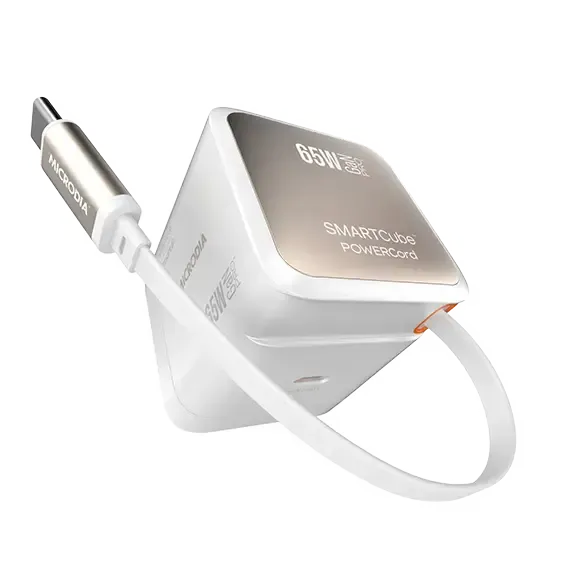 Elegant Build MICRODIA SMARTCube? POWERCord 65W, GaN Pro Wall Charger with Built-in USB-C Cable and USB-C Charging Output