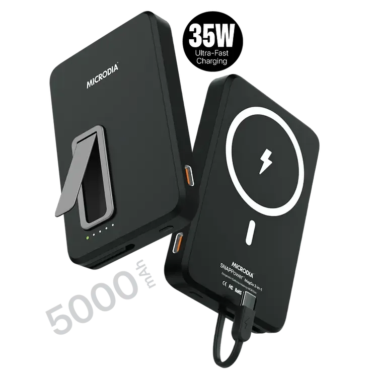 MICRODIA SNAPPower? MagGo 35W, 5000mAh Magnetic Wireless Power Bank, 15W Wireless Output   20W USB-C PD Output with 20W Built-in USB-C Cable and Kickstand Glossy Finish Look