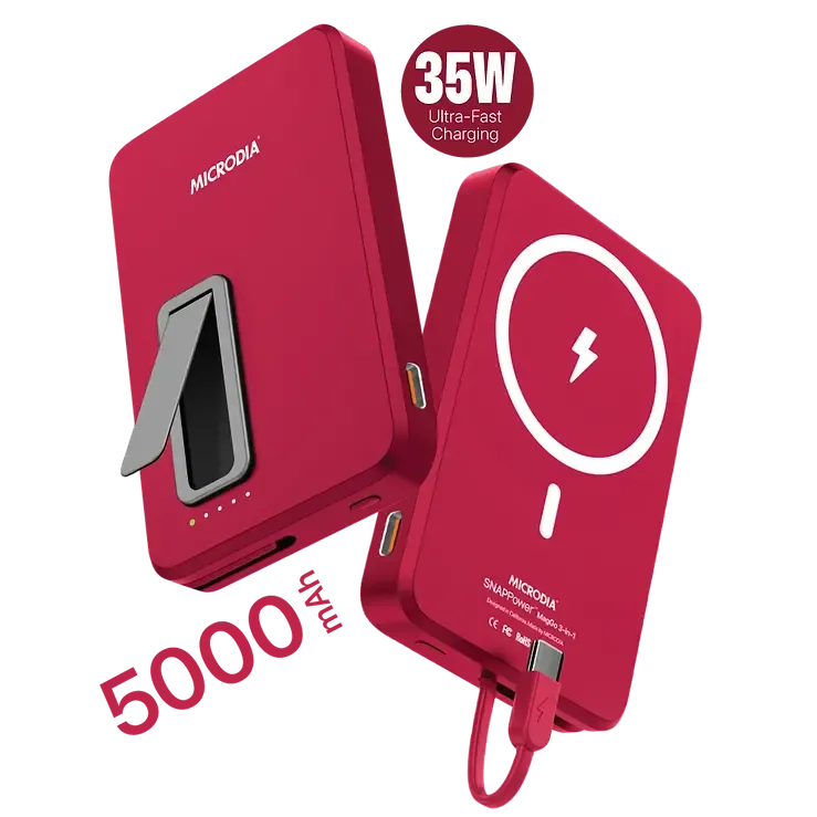 MICRODIA SNAPPower? MagGo 35W, 5000mAh Magnetic Wireless Power Bank, 15W Wireless Output   20W USB-C PD Output with 20W Built-in USB-C Cable and Kickstand Polished Texture Design