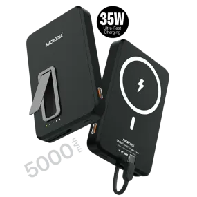 MICRODIA SNAPPower? MagGo 35W, 5000mAh Magnetic Wireless Power Bank, 15W Wireless Output   20W USB-C PD Output with 20W Built-in USB-C Cable and Kickstand Glossy Finish Look