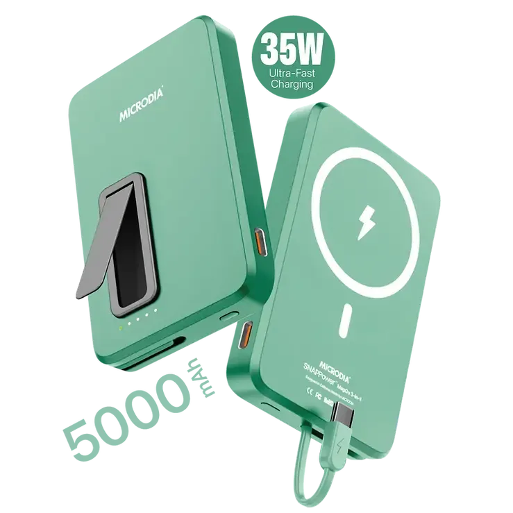 MICRODIA SNAPPower? MagGo 35W, 5000mAh Magnetic Wireless Power Bank, 15W Wireless Output   20W USB-C PD Output with 20W Built-in USB-C Cable and Kickstand Polished Finish Texture