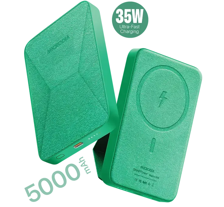 MICRODIA SNAPPower? MagGo 35W, 5000mAh Magnetic Wireless Power Bank, 15W Wireless Output   20W USB-C PD Output with Flipstand Matte Texture Layer Fashion Texture