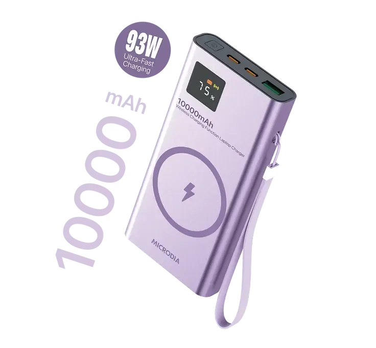 Comfort Finish Gloss Finish Texture MICRODIA SNAPPower? MagGo LCD 10000mAh 93W Magnetic Wireless Power Bank, 15W Wireless Output   Dual 30W USB-C PD Output    18W USB-A Output with LCD Display