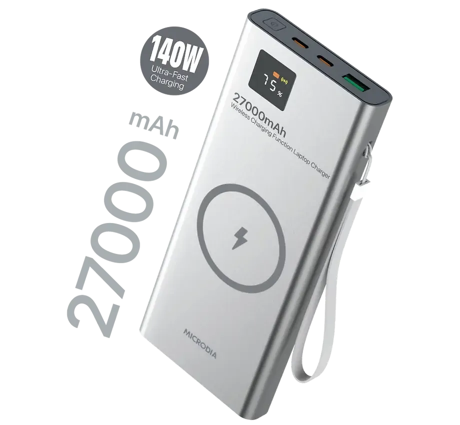 MICRODIA SNAPPower? MagGo LCD 27000mAh 140W Magnetic Wireless Power Bank, 15W Wireless Output   140W & 30W USB-C PD Output   20W USB-A Output with LCD Display Elegant Accent