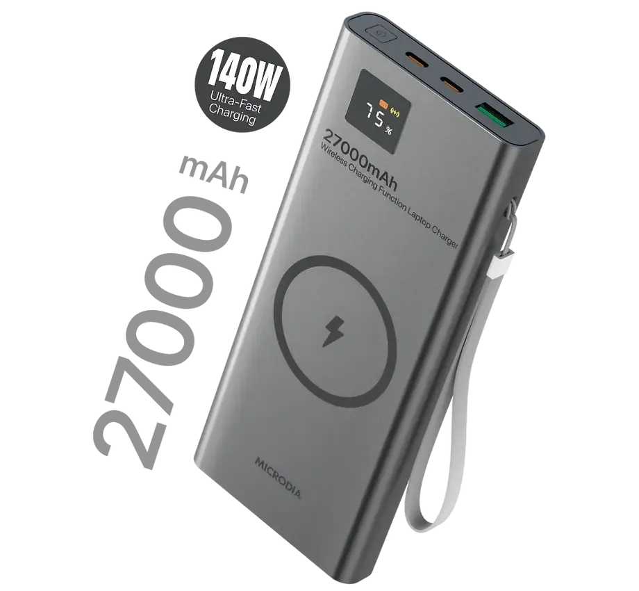 MICRODIA SNAPPower? MagGo LCD 27000mAh 140W Magnetic Wireless Power Bank, 15W Wireless Output   140W & 30W USB-C PD Output   20W USB-A Output with LCD Display Light Form