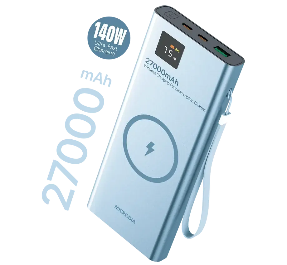 MICRODIA SNAPPower? MagGo LCD 27000mAh 140W Magnetic Wireless Power Bank, 15W Wireless Output   140W & 30W USB-C PD Output   20W USB-A Output with LCD Display Smooth Form