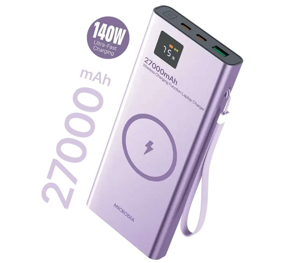 MICRODIA SNAPPower? MagGo LCD 27000mAh 140W Magnetic Wireless Power Bank, 15W Wireless Output   140W & 30W USB-C PD Output   20W USB-A Output with LCD Display Premium Form