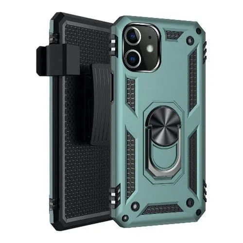 Durable Frame Flexible Shell Military Series Green Kickstand Case - iPhone 12 mini = SB-A-12-5.4-K-RG