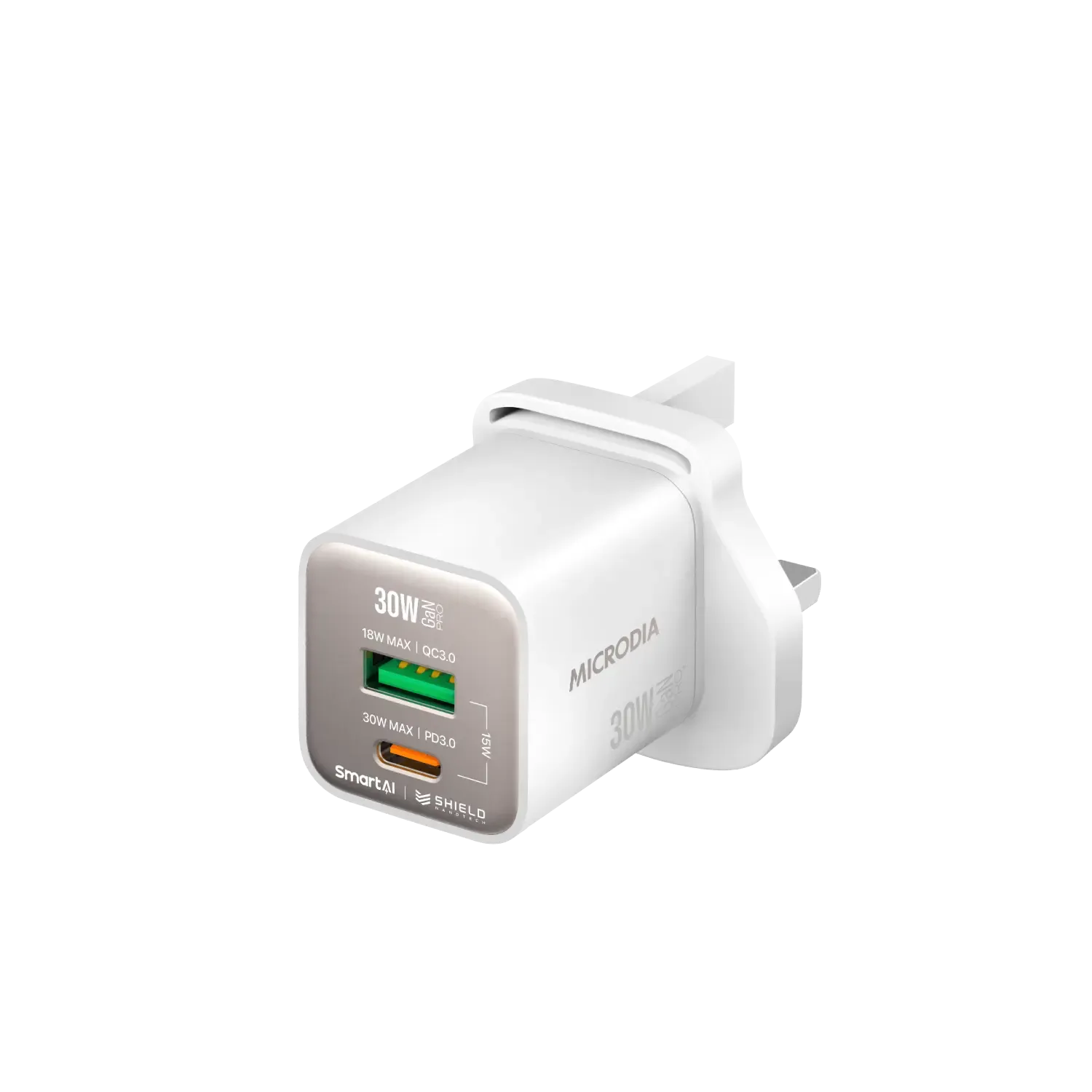 Grip Texture Premium Surface Finish MICRODIA SMARTCube? Nano 30W GaN Pro Wall Charger, Dual-Port, USB-C PD3.0   USB-A QC3.0
