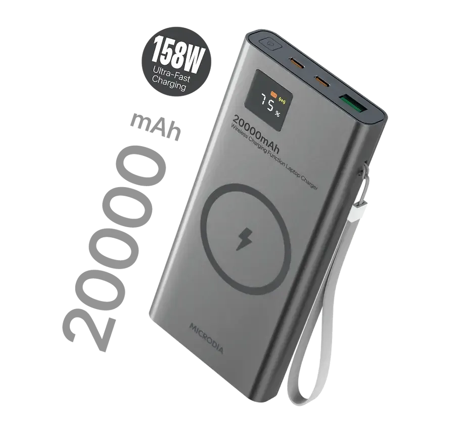 Fashion Touch MICRODIA SNAPPower? MagGo LCD 20000mAh 158W Magnetic Wireless Power Bank, 15W Wireless Output  65W & 60W USB-C PD Output   18W USB-A Output with LCD Display