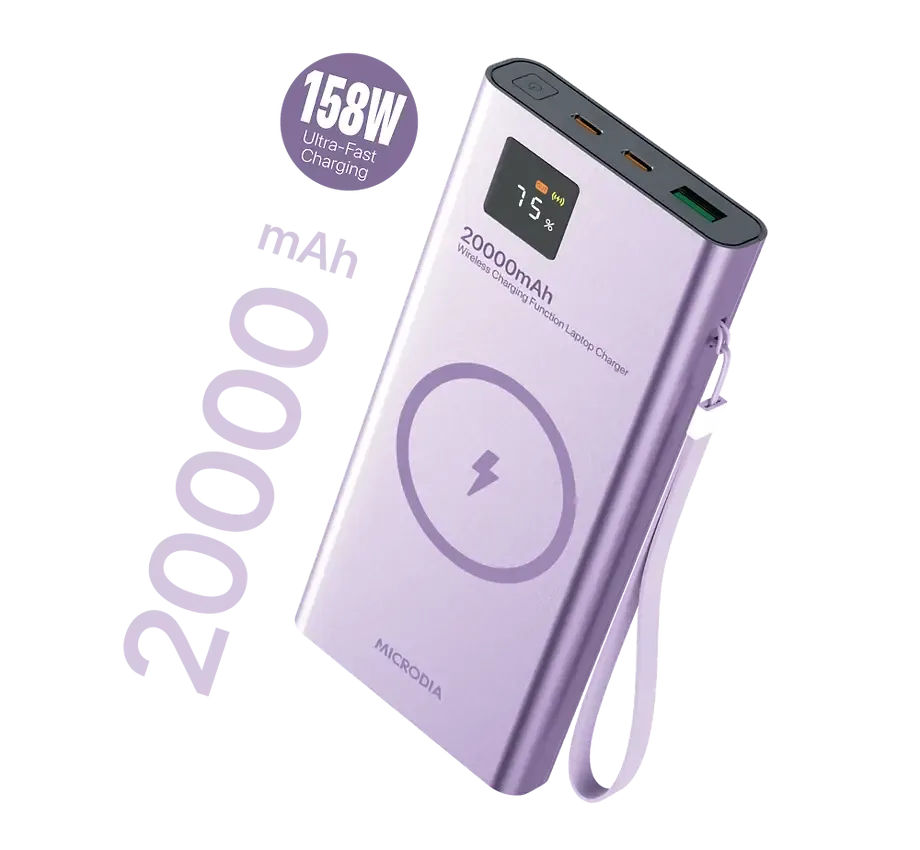 Durable Texture Layer MICRODIA SNAPPower? MagGo LCD 20000mAh 158W Magnetic Wireless Power Bank, 15W Wireless Output  65W & 60W USB-C PD Output   18W USB-A Output with LCD Display