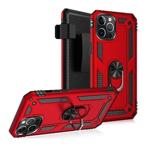 Raider Series Red Kickstand Case with Belt Clip - iPhone 12 and iPhone 12 Pro Polished Edge Easy Grip