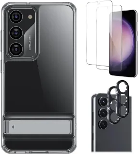 Bundle: AirShield Boost Kickstand Case Bundle with Tempered Glass Screen and Camera Protector -  Samsung Galaxy S23 Rugged Design Luxury Texture