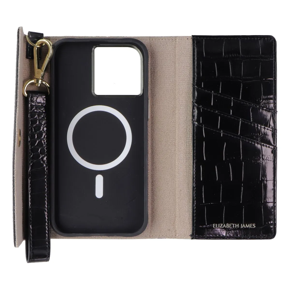 Textured Grip Rugged Edge Elizabeth James Wristlet Folio for MagSafe for iPhone 15 Pro Max - Black Croc