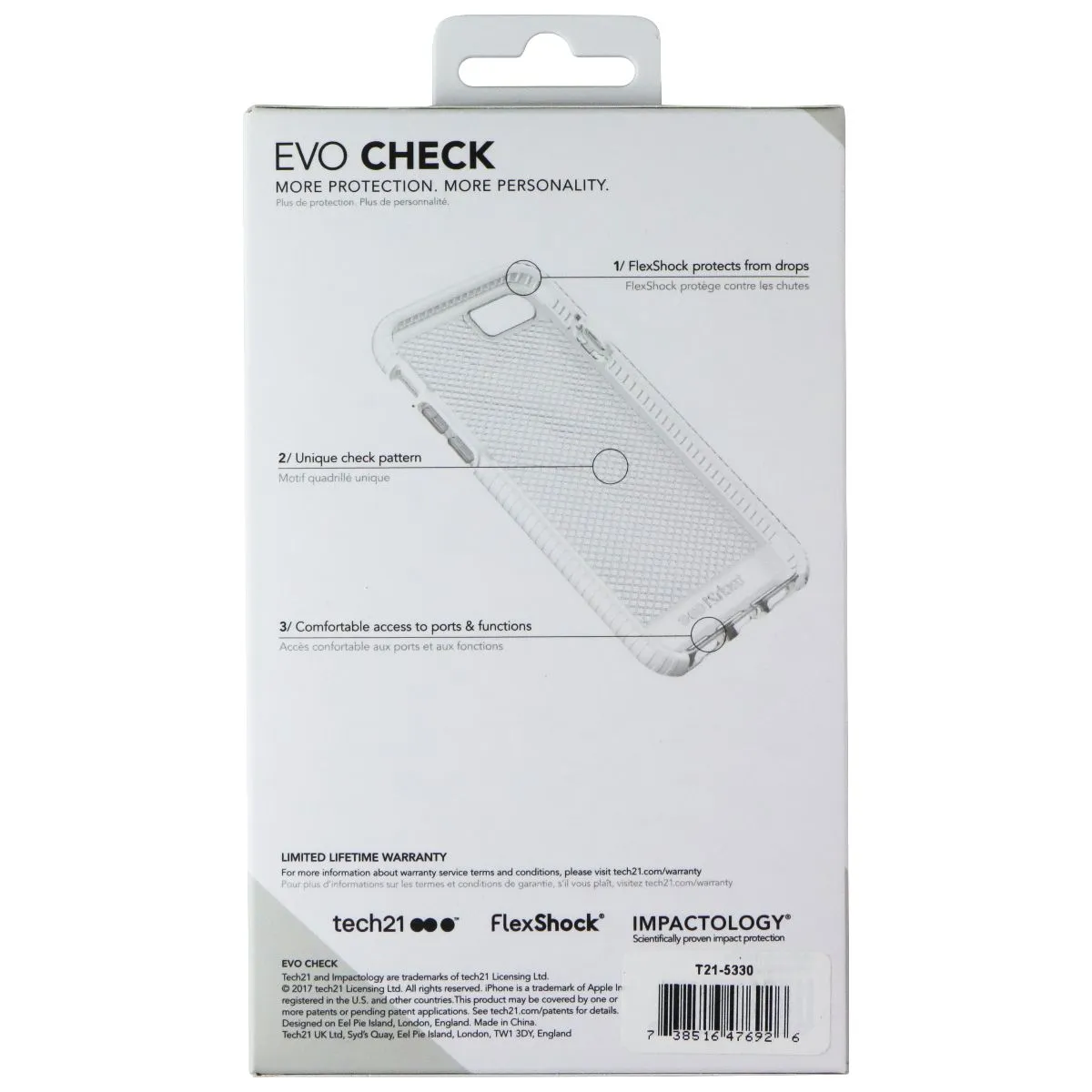 Premium Surface Finish Durable structure Tech21 Evo Check Series Flexible Gel Case Cover Apple iPhone 8 7 - Clear / White