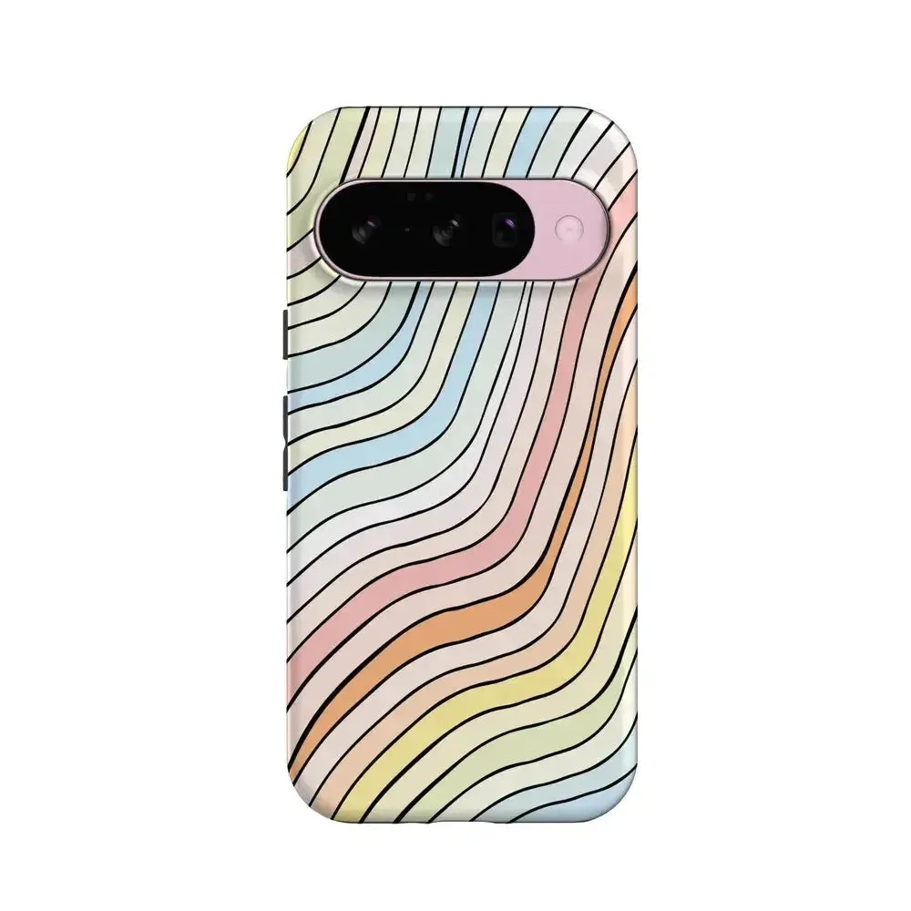 Ride The Wave | Pastel Rainbow Lined Google Pixel Case Protective Fit Classic Texture