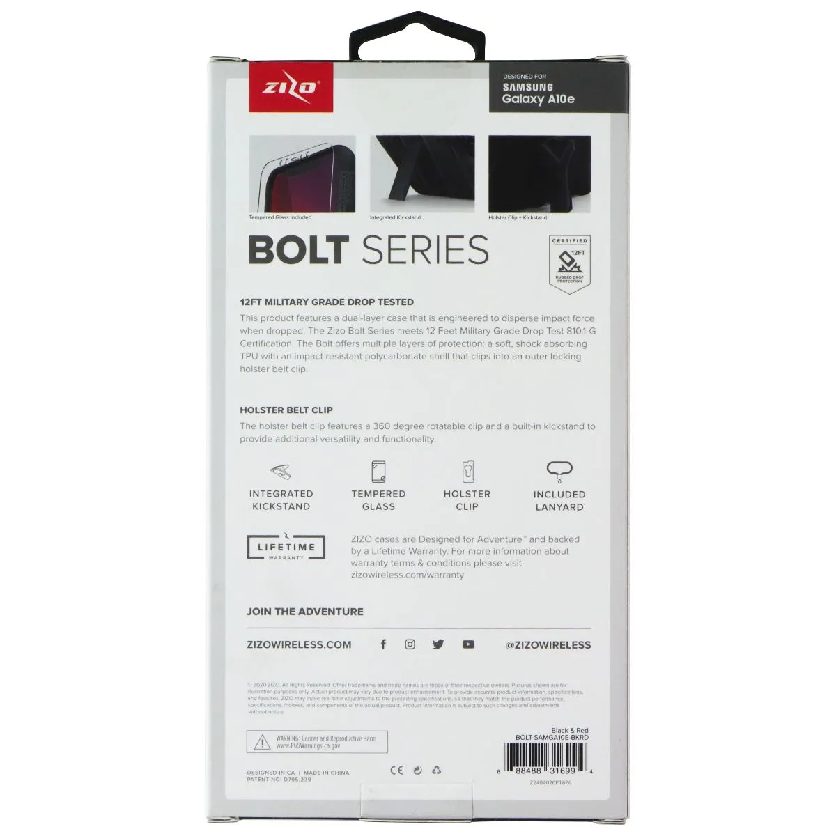 ZIZO Bolt Series Case / Holster / Glass for Samsung Galaxy A10e - Black / Red Protective Shell